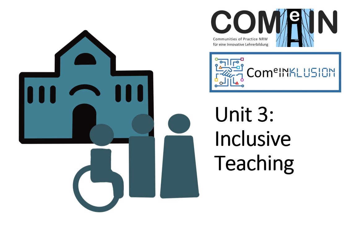 Cover of the Inclusive Teaching unit with a school, some students and the projects logo