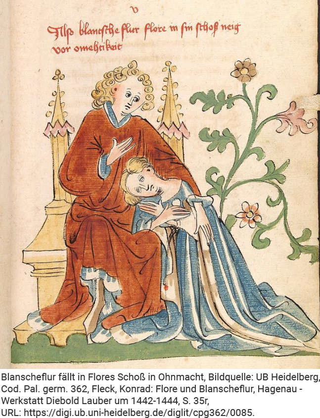 Heidelberg, UB, Cpg. 362, fol. 35r: Blanscheflur fällt in Flores Schoß in Ohnmacht.