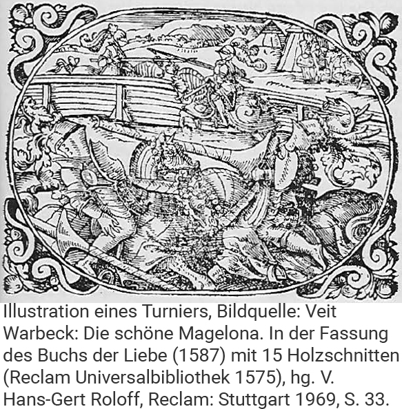 Warbeck, Veit: Die schöne Magelona. In der Fassung des Buches der Liebe (1587), Holzschnitt des ersten Tuniers, S. 33.