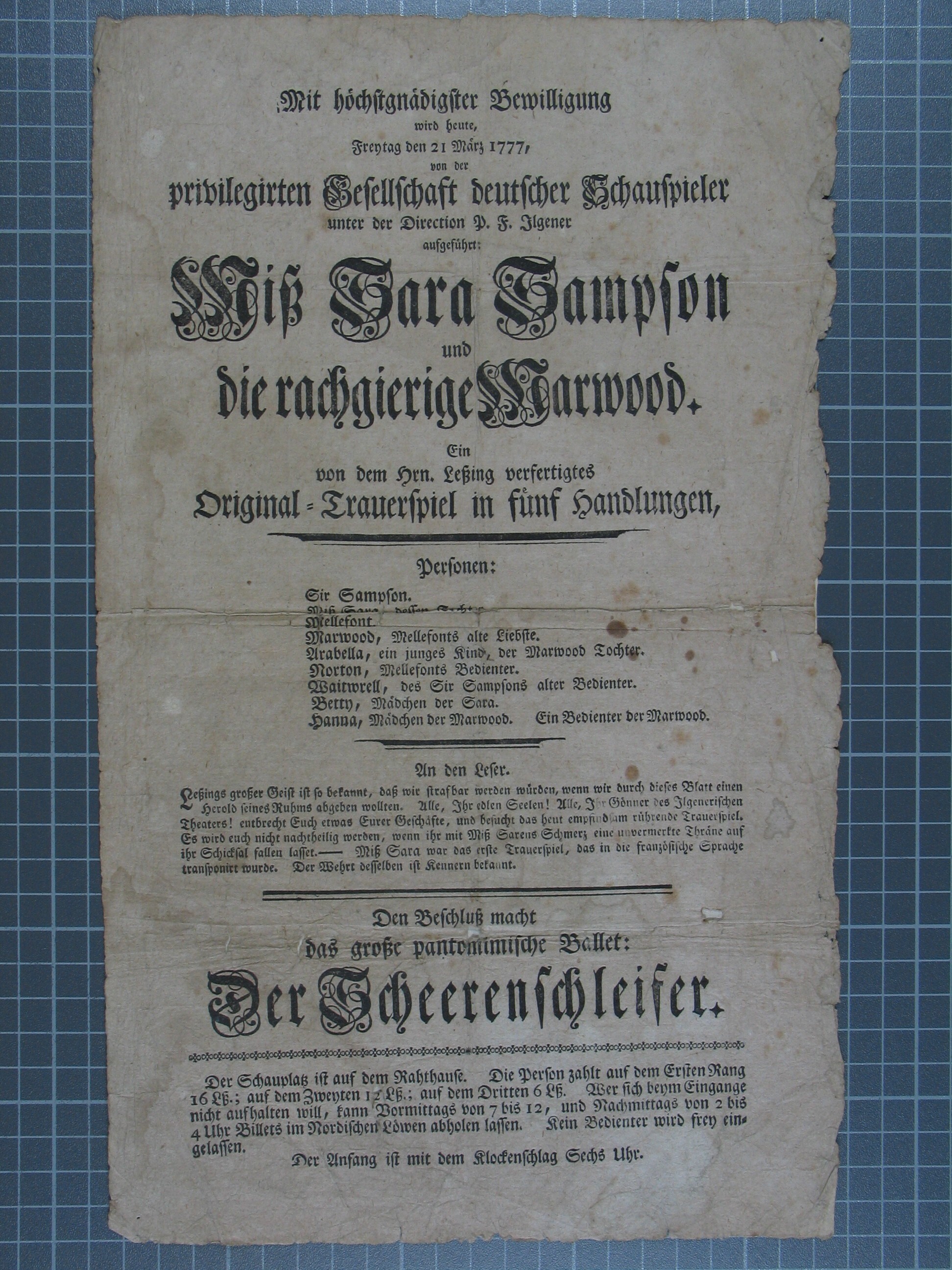Abbildung: Theaterzettel zur einer Aufführung von Lessings „Miss Sara Sampson“ am 21. März 1777