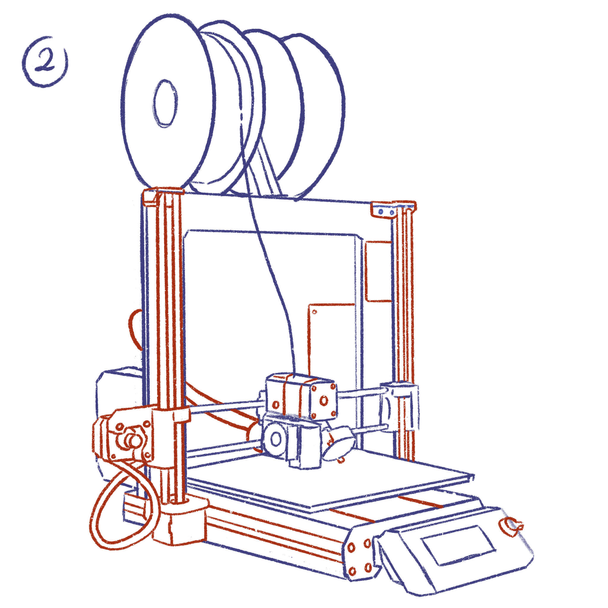 Skizze eines 3D Druckers mit mehr Details