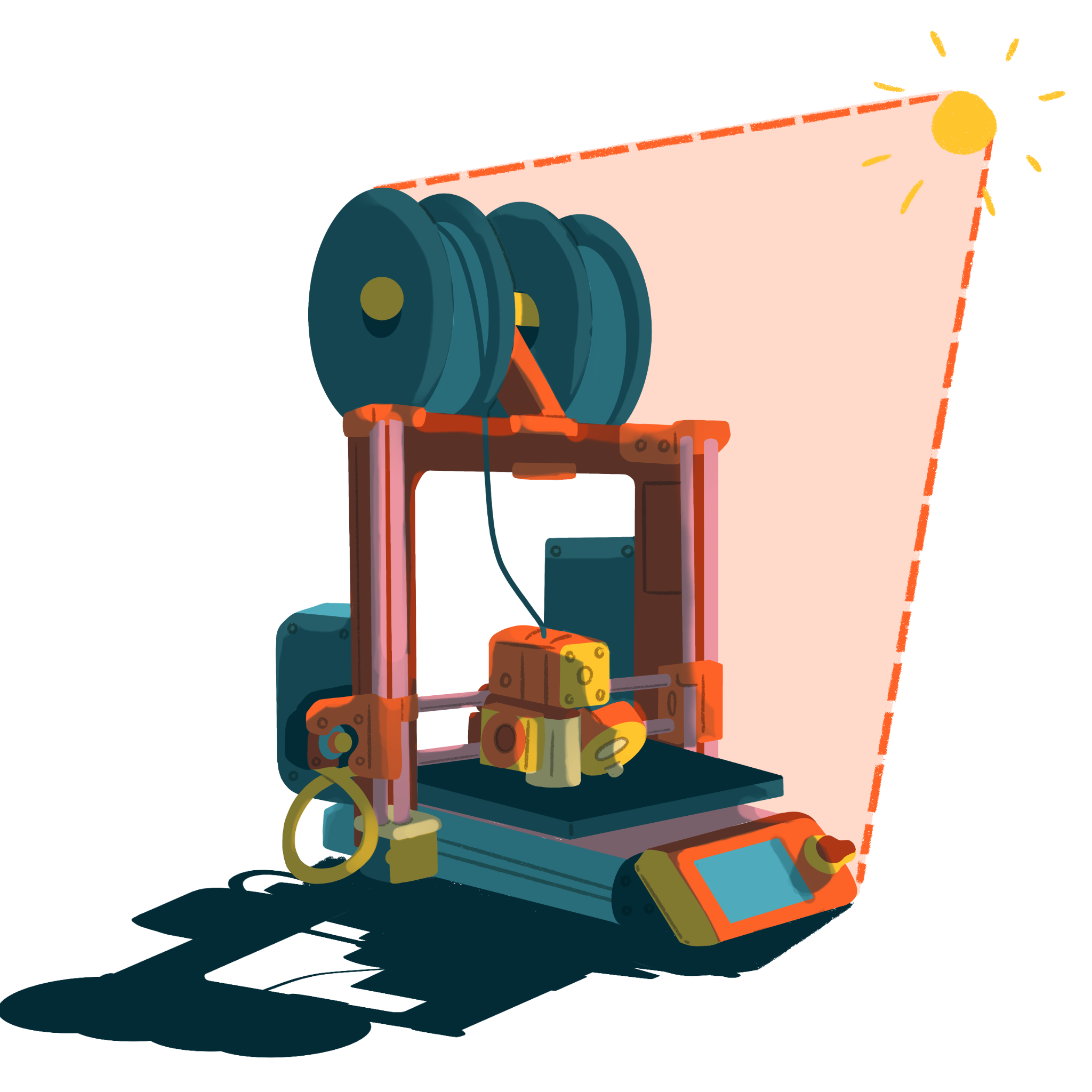 Illustration eines 3D Druckers mit einer eingezeichneten Sonne um ein Beispiel für eine globale Lichtquelle abzubilden.