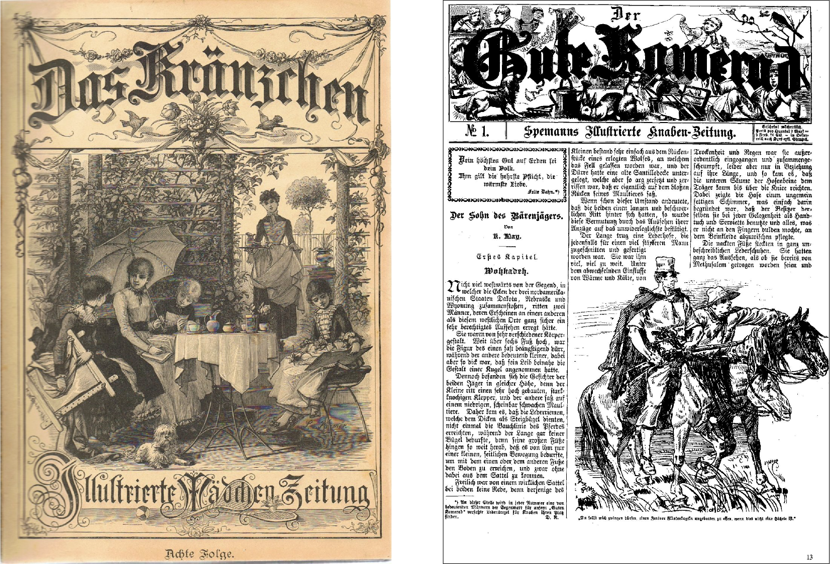 Bilder: Der Gute Kamerad. Spemanns Illustrierte Knaben-Zeitung, 1887 + 1. Probenummer von Louise Ottos "Frauen-Zeitung", 1849