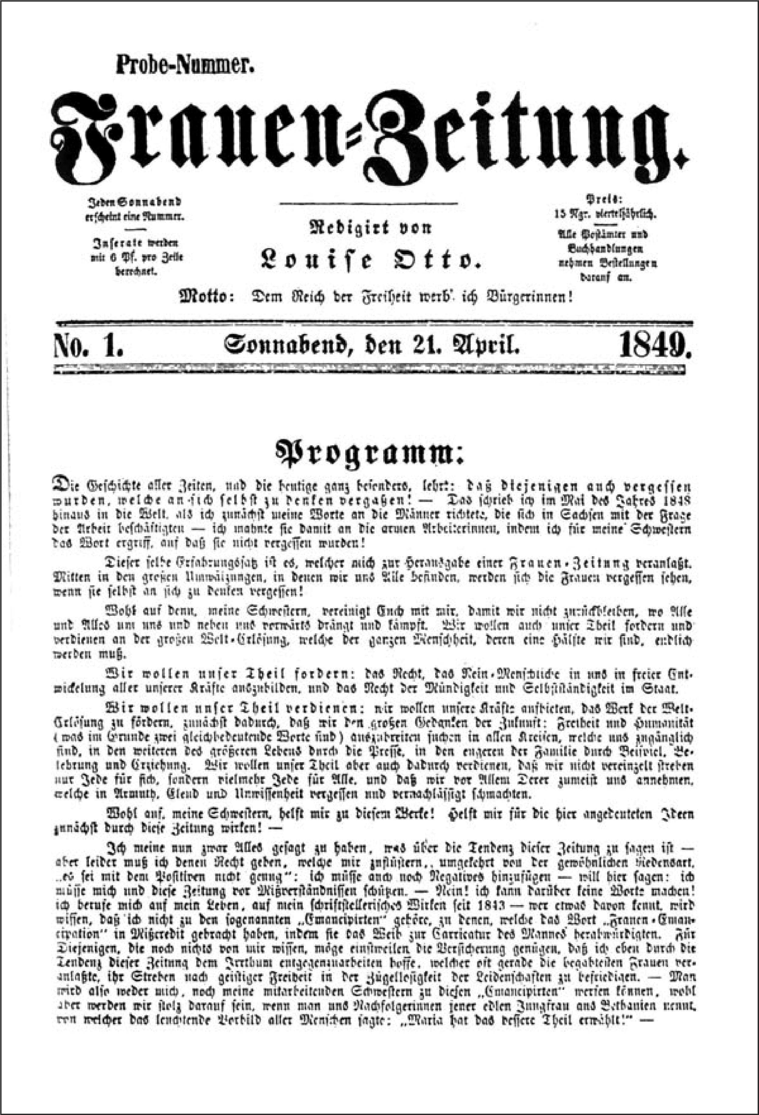 Bild von: Titelseite der ersten Probenummer von Louise Ottos "Frauen-Zeitung", 1849