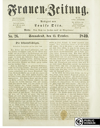 Cover und Link zu: „Die Lehnspflichtigen. Eine Westfälische Dorfgeschichte“, in: Frauenzeitung, 1. Jg., Nr. 26 (1849).