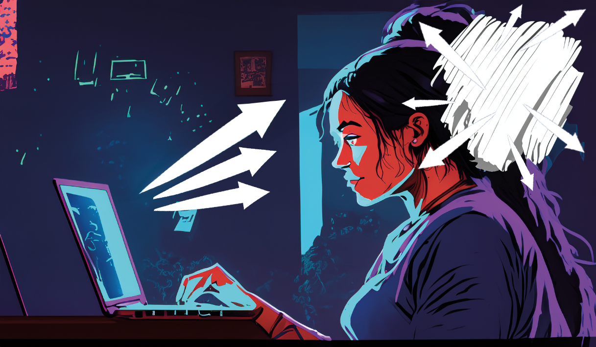 Eine junge Person sitzt vor einem Computer. Durch Pfeile wird signalisiert, dass sie eine Vielzahl von Informationen aufnimmt