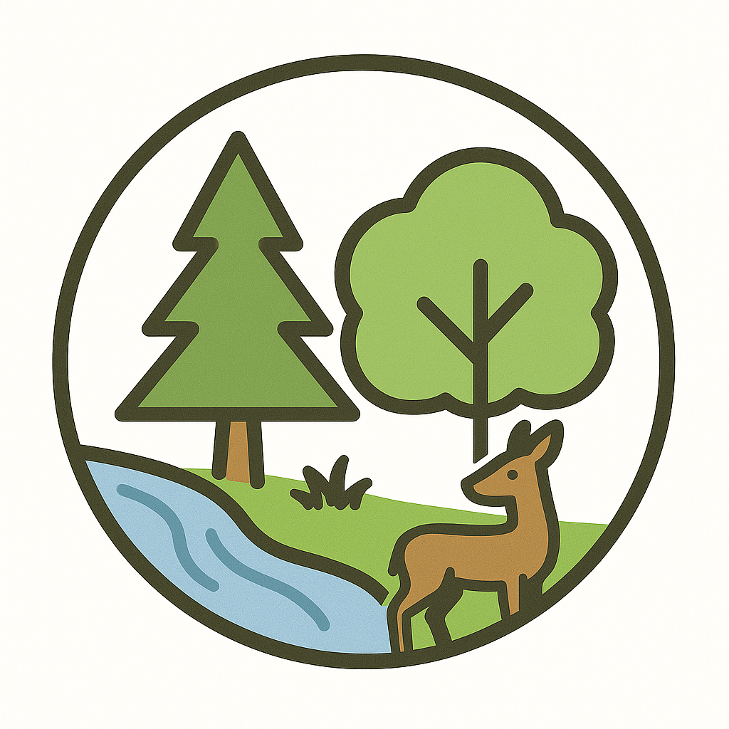 Symbol auf dem ein Nadelbaum, ein Laubbaum, ein Reh und ein Fluss abgebildet sind.