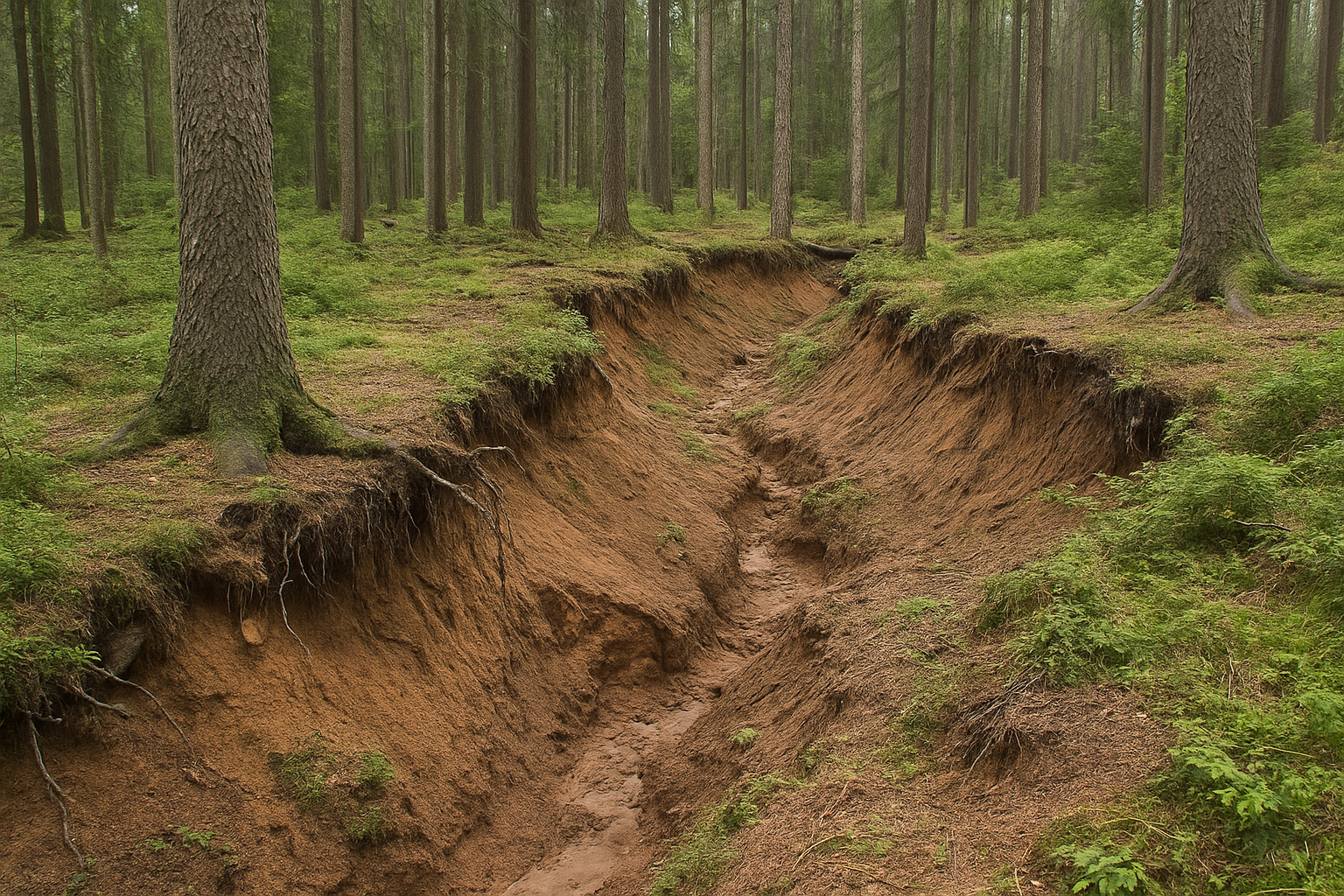 Wald, in dem der Boden augerissen ist.