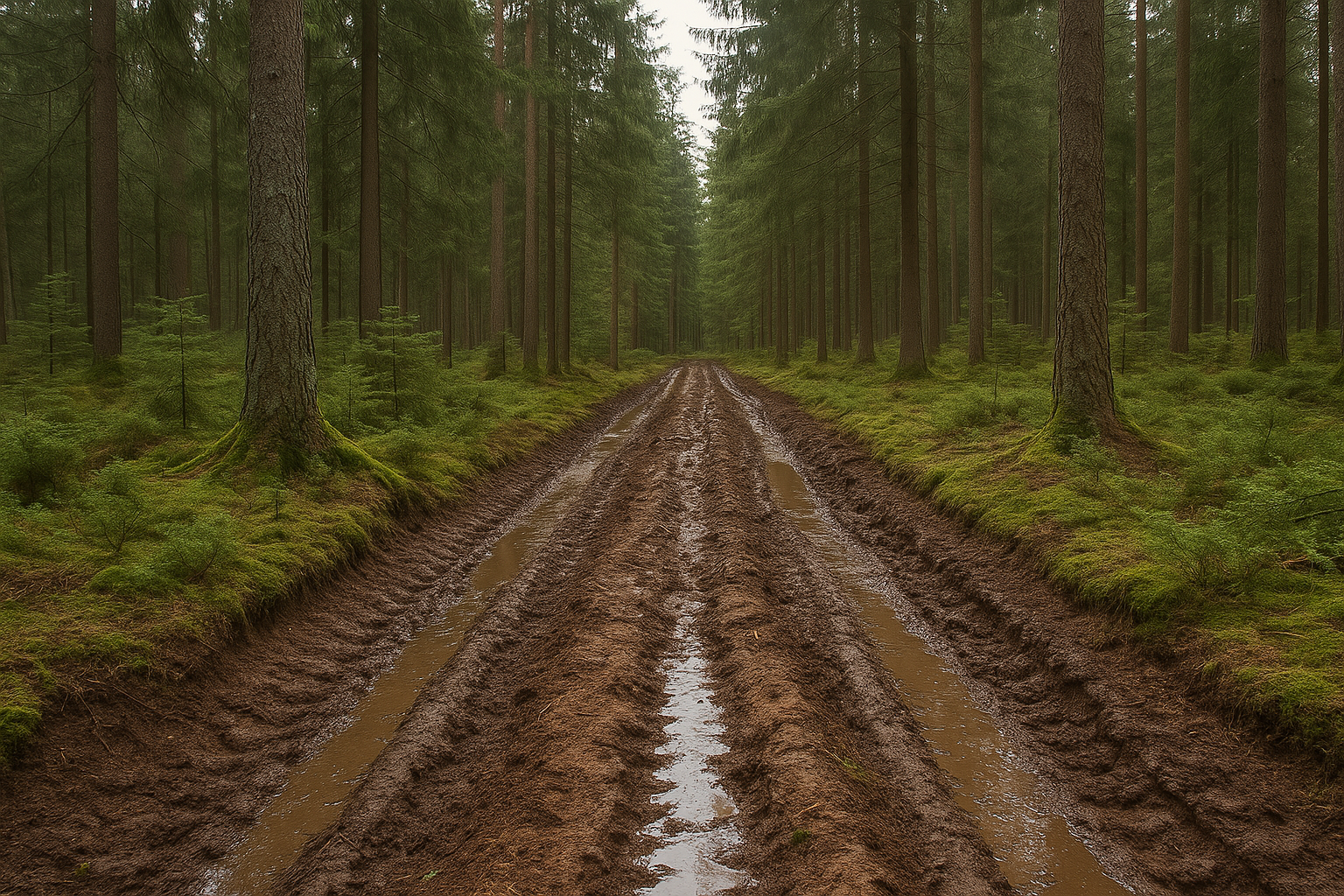 Ein Wald, in dem ein matschiger Weg zwischen den Bäumen entlangführt. Man sieht Reifenspuren von großen Maschinen.