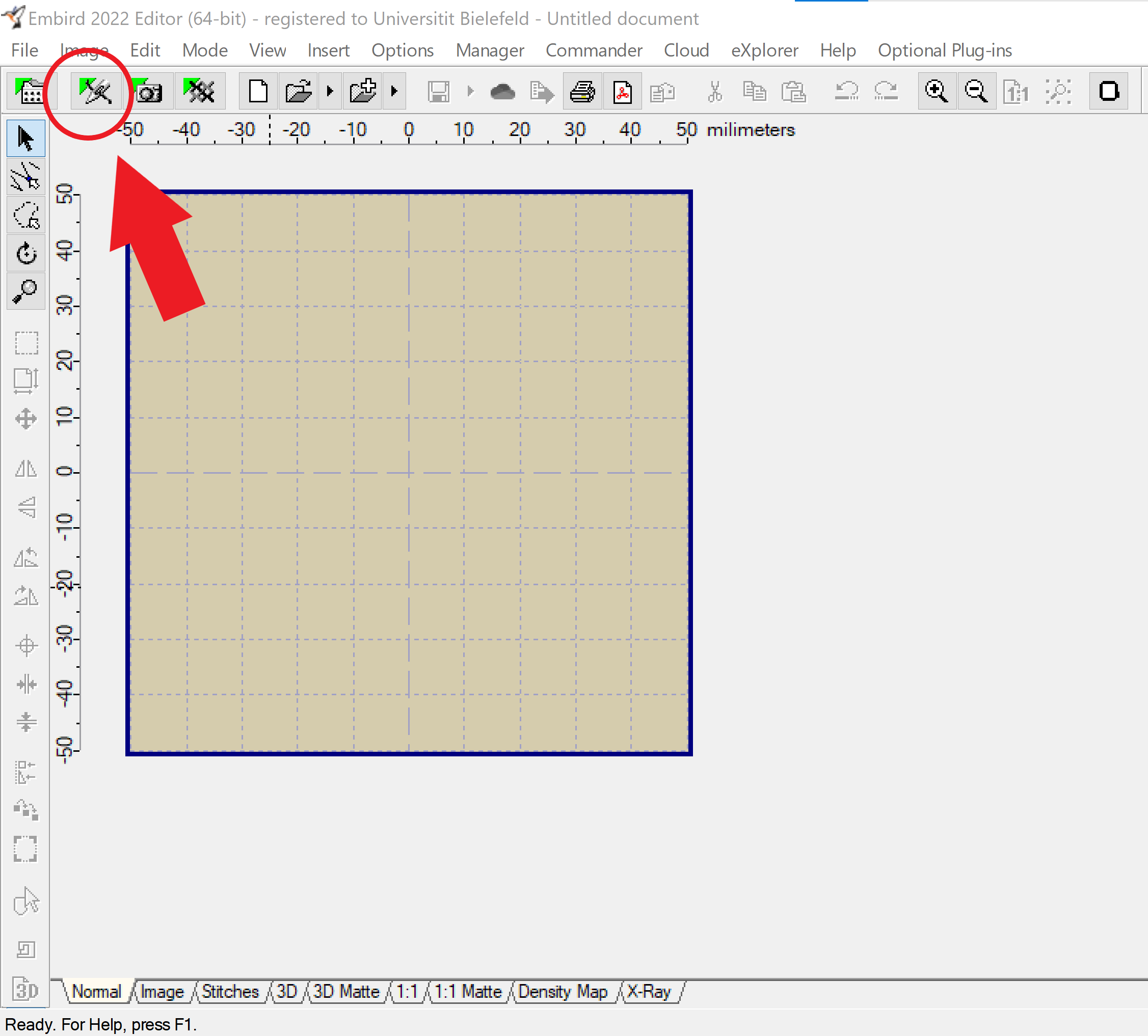 Screenshot von Embird mit Highlight auf Auswahlbutton für "Studio Plug-In"