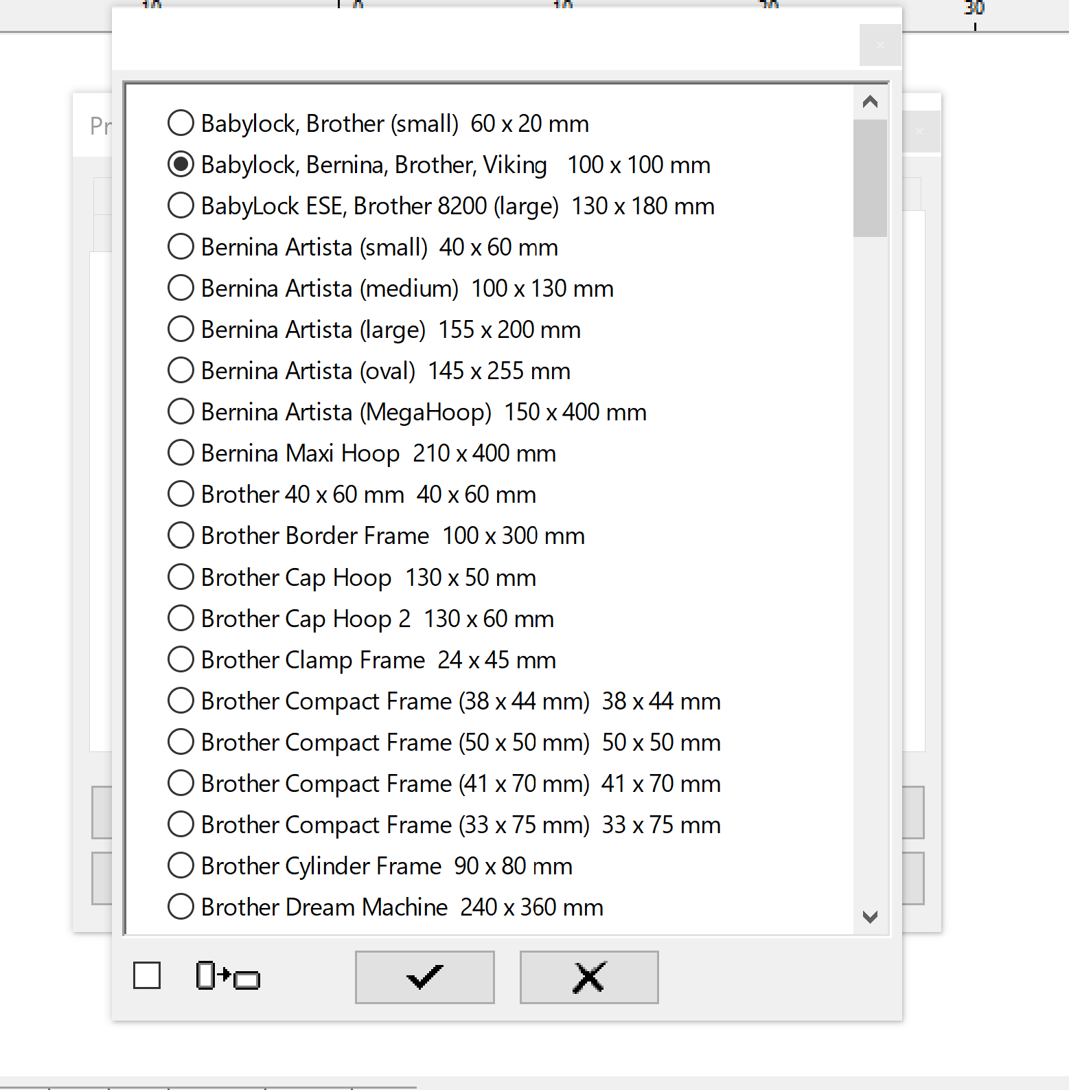 Screenshot von Embird-Dialog mit Auswahlliste verfügbarer Rahmengrößen