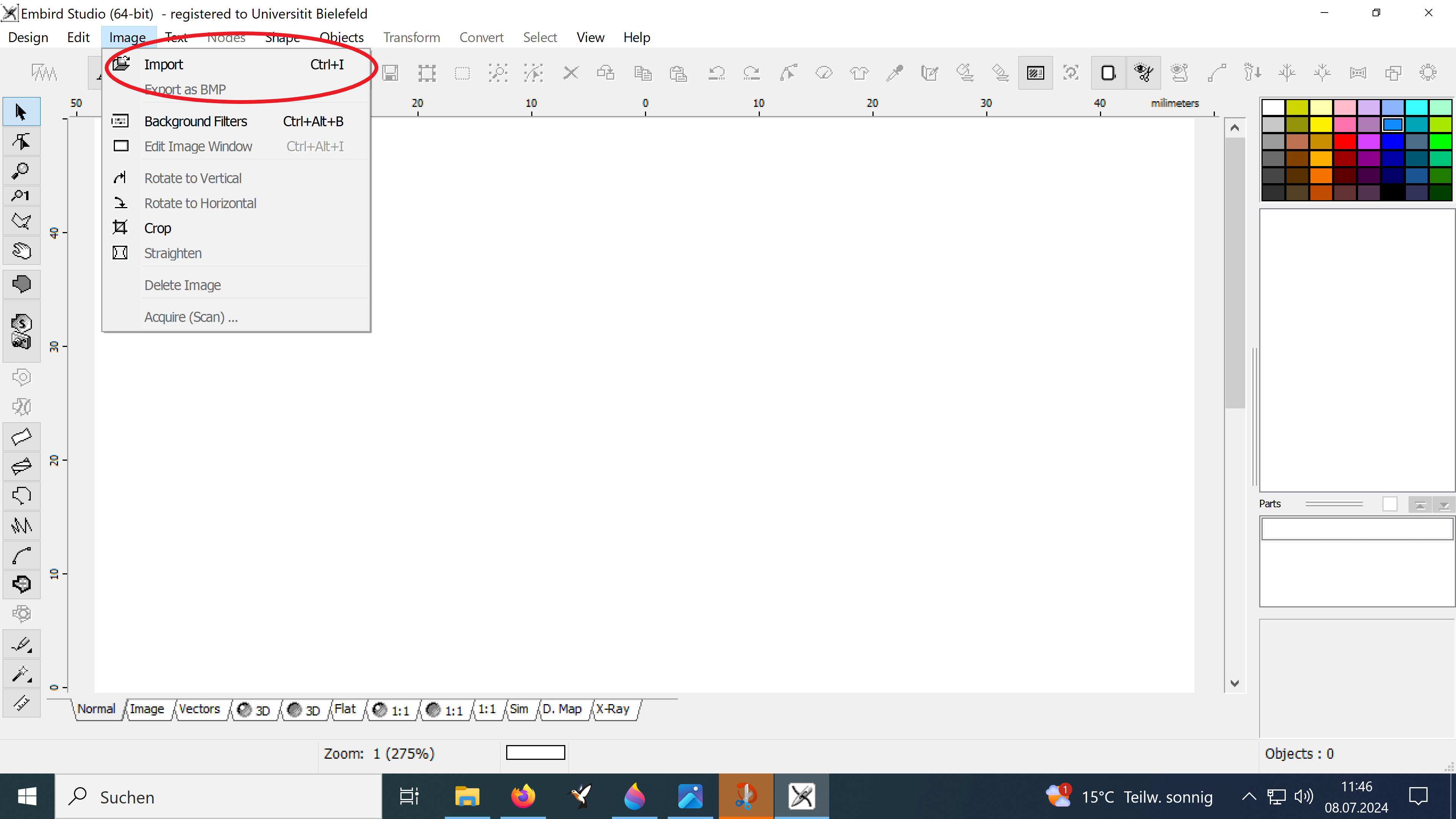 Screenshot von Embird mit geöffnetem Menü "Image" und Highlight auf Option "Import"