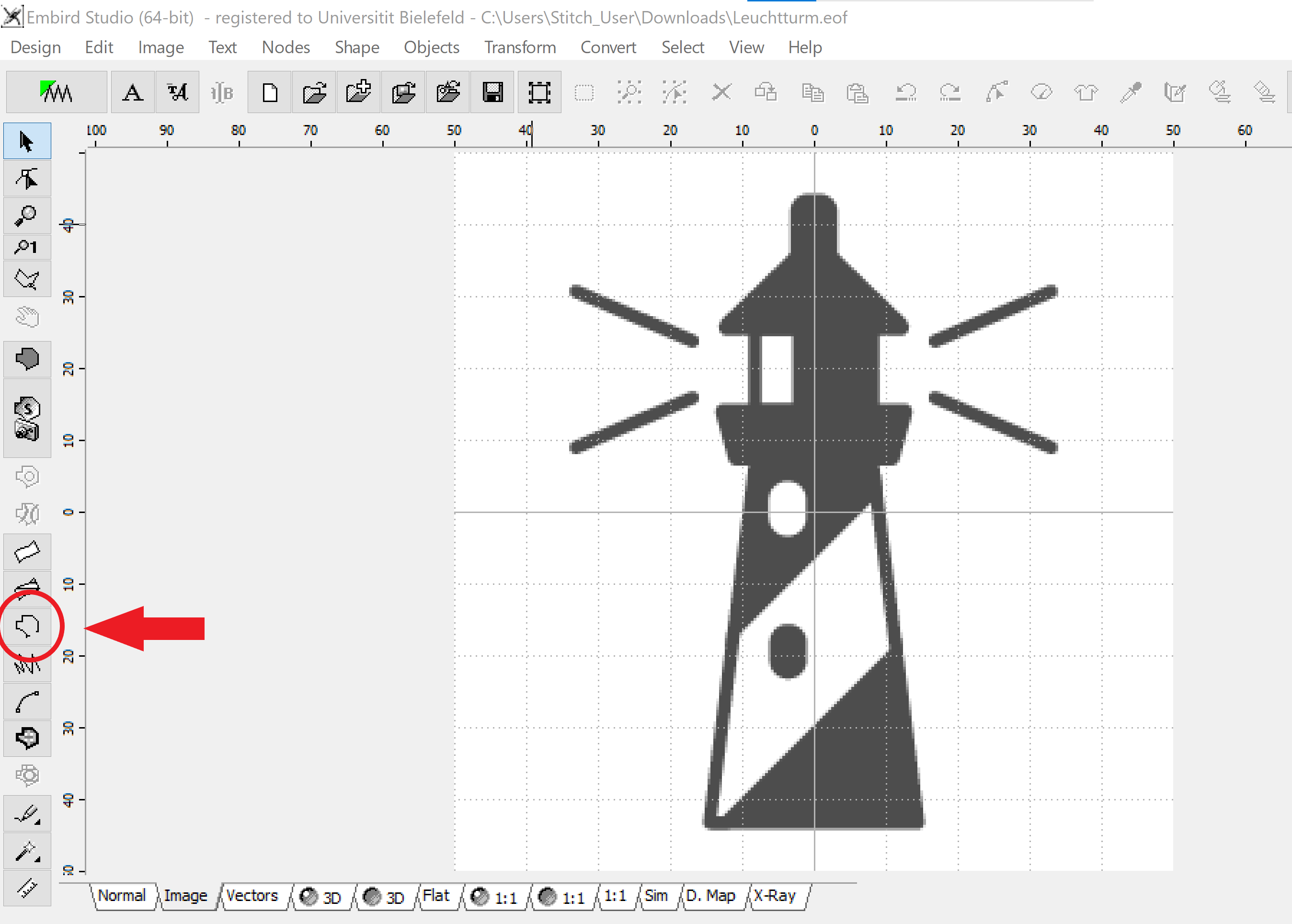 Screenshot von Embird mit Highlight auf "Outline"-Werkzeug in der linken Werkzeugleiste