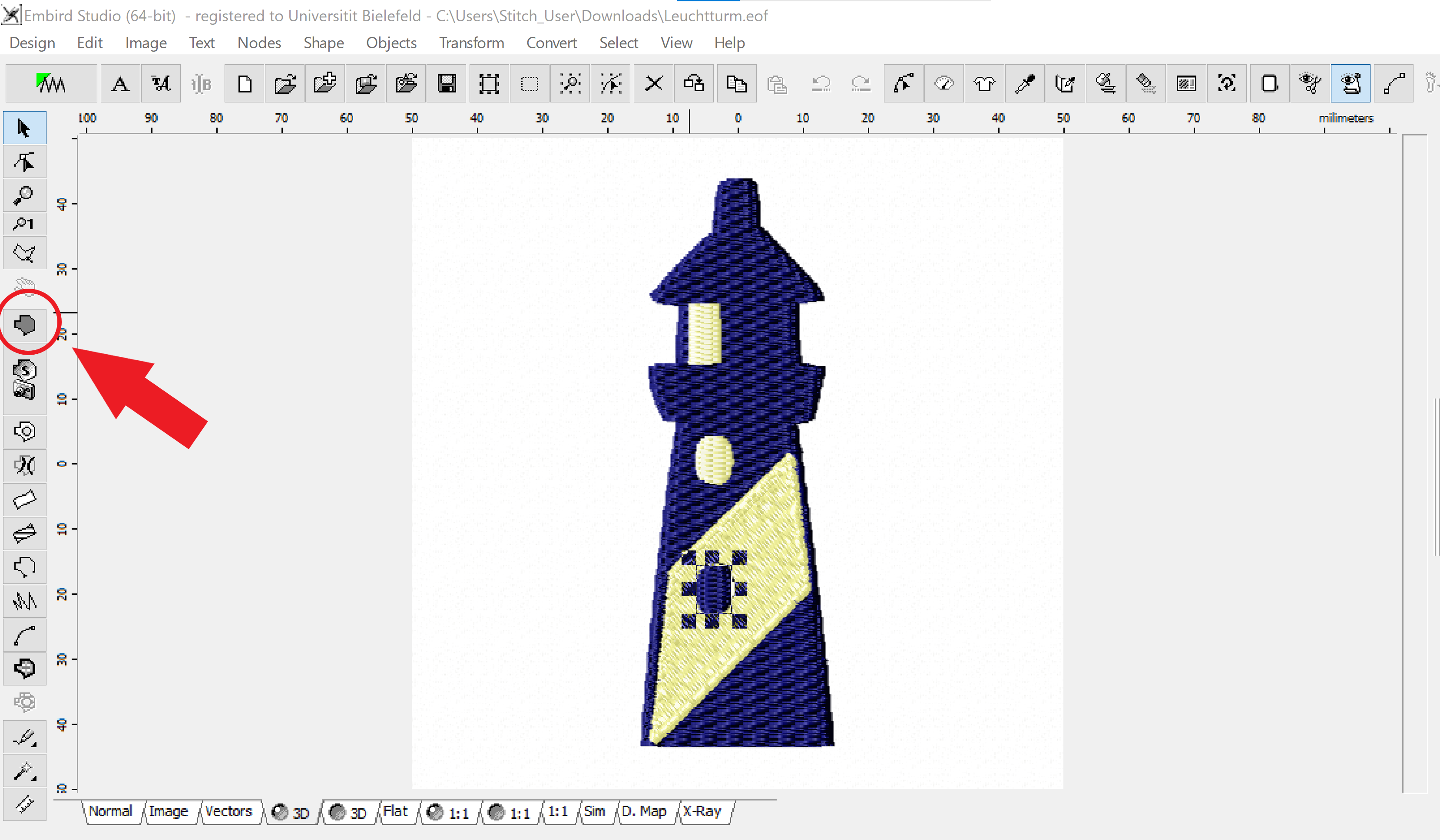 Screenshot von Embird mit Highlight auf "Füllstich"-Werkzeug in linker Werkzeugleiste