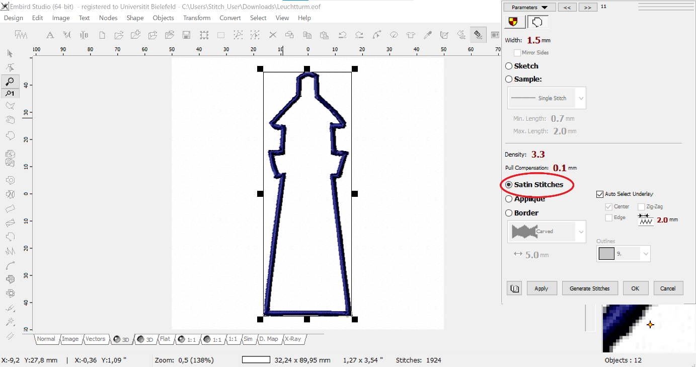 Screenshot von Embird mit "Preferences"-Dialog mit Highlight auf ausgewählter "Satin Stitch"-Option