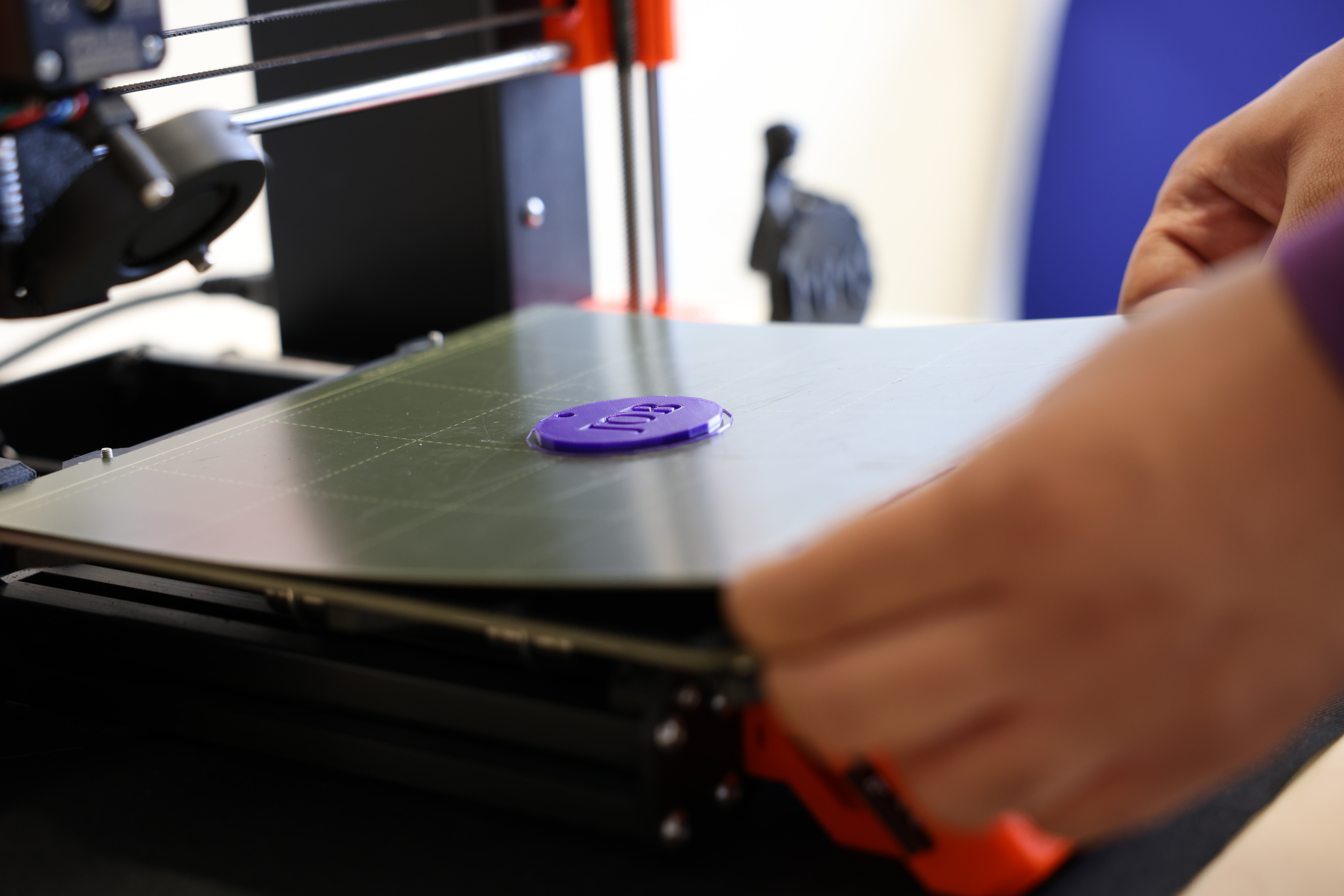 Foto eines 3D-Druckers. Die Druckplatte mit dem fertigen Druck wird durch Anheben vom Drucker abgelöst.