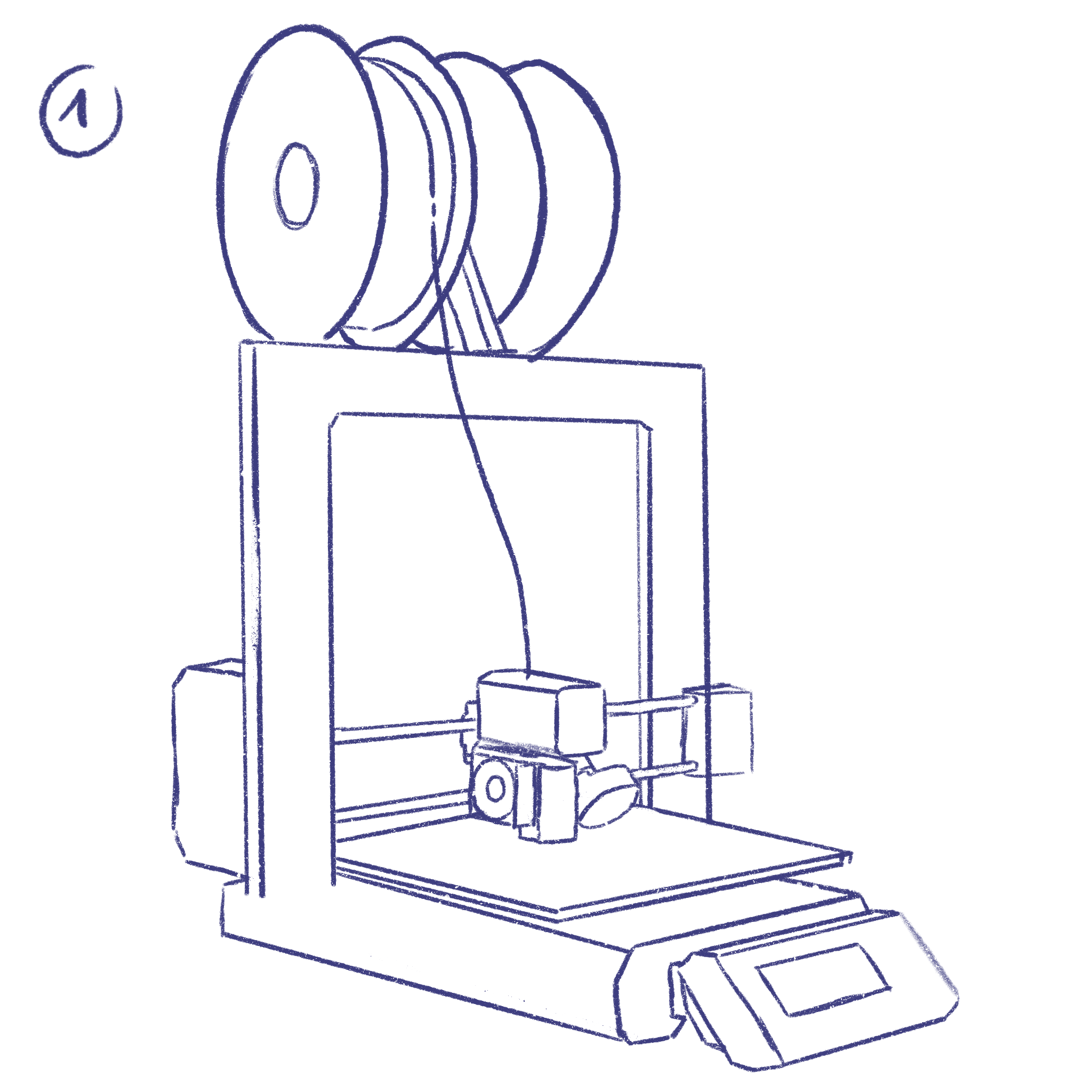 Illustration einer groben Skizze eines 3D-Druckers nach Fotovorlage.