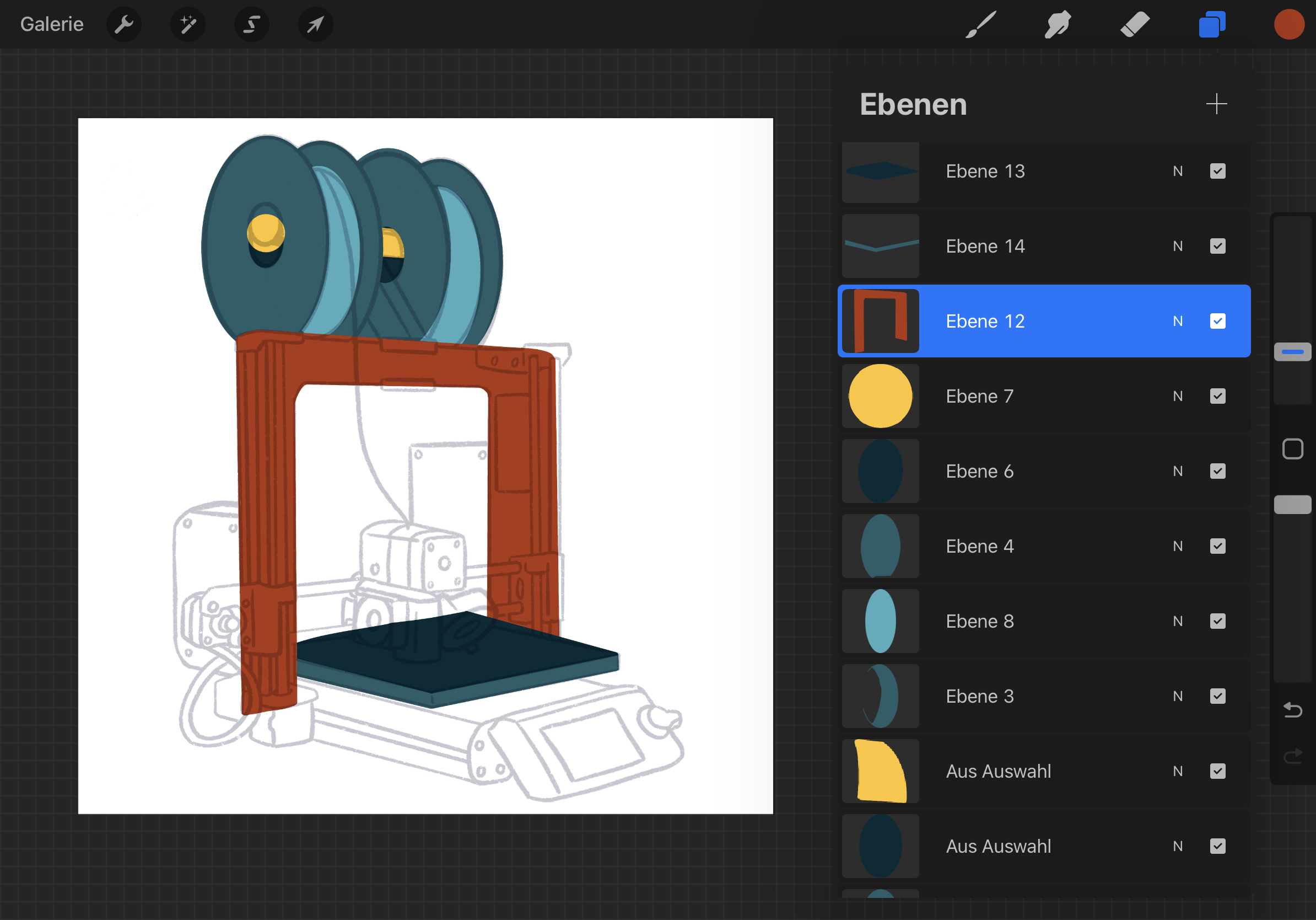 Screenshot eines Bildbearbeitungsprogramms, in dem für jede Farbe eine eigene Ebene angelegt wurde.