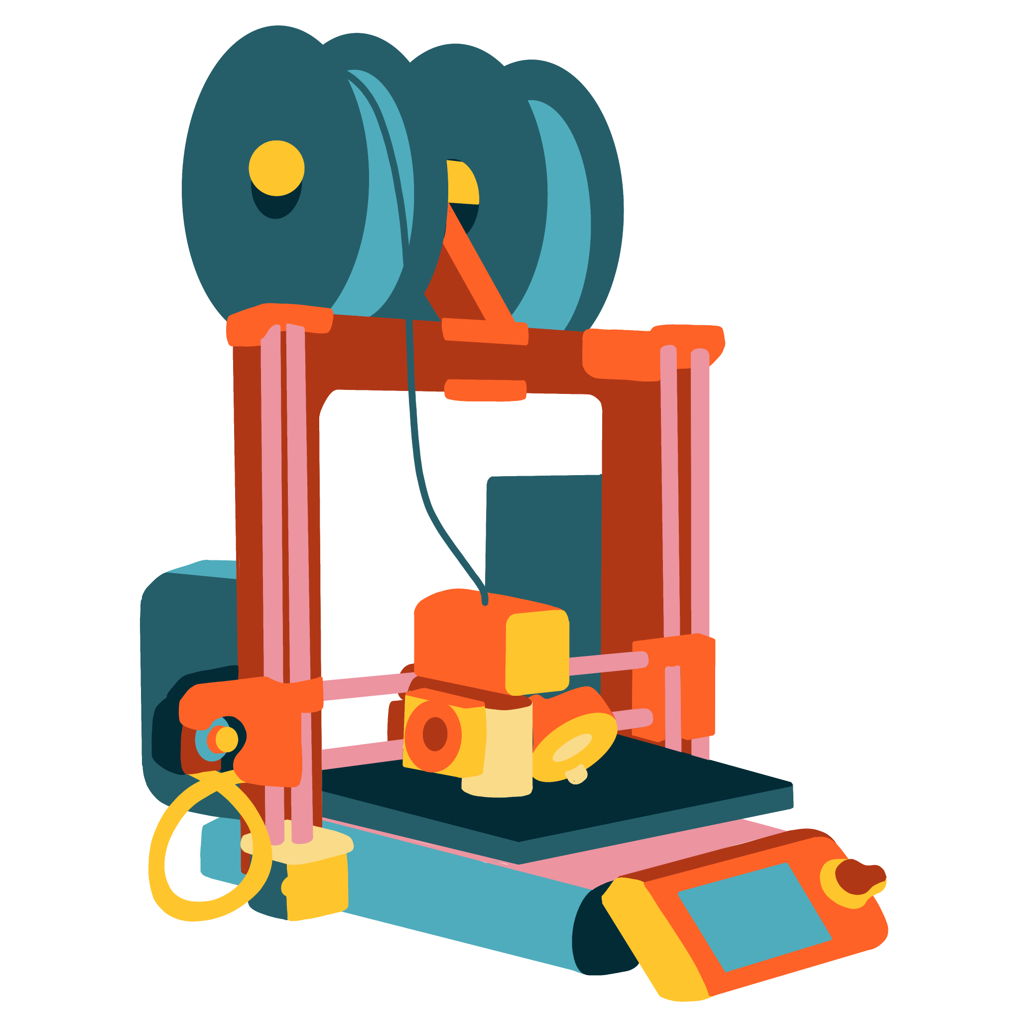 Illustration eines 3D-Druckers mit finaler Farbblockung.