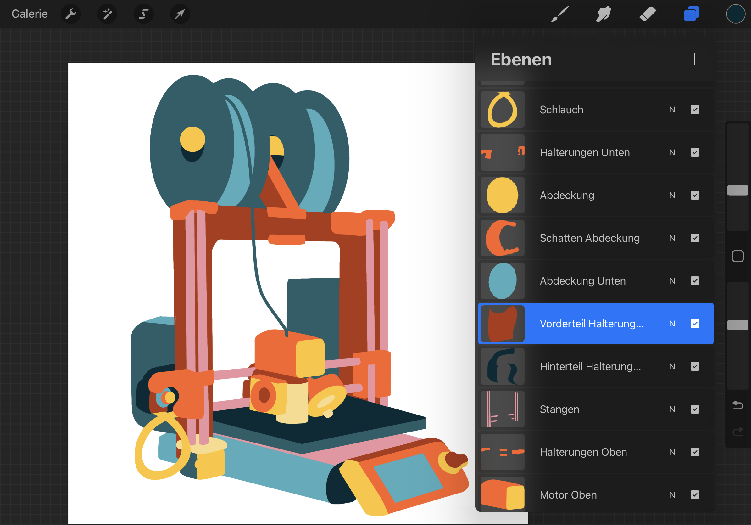 Screenshot einer Bildbearbeitungssoftware mit finaler Illustration eines 3D-Druckers und geöffneter Ebenenansicht.