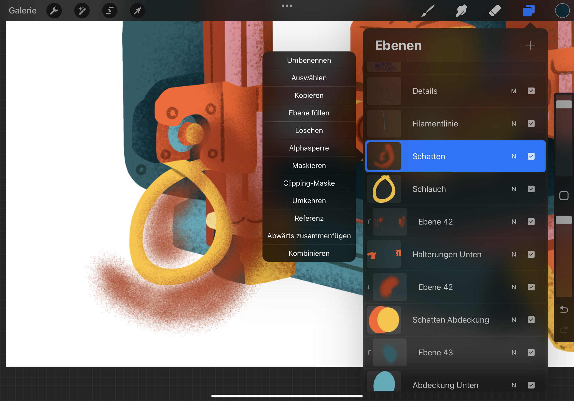 Screenshot von Procreate mit ausgewählter Ebene "Schatten" und dem dazu geöffneten Kontextmenü.