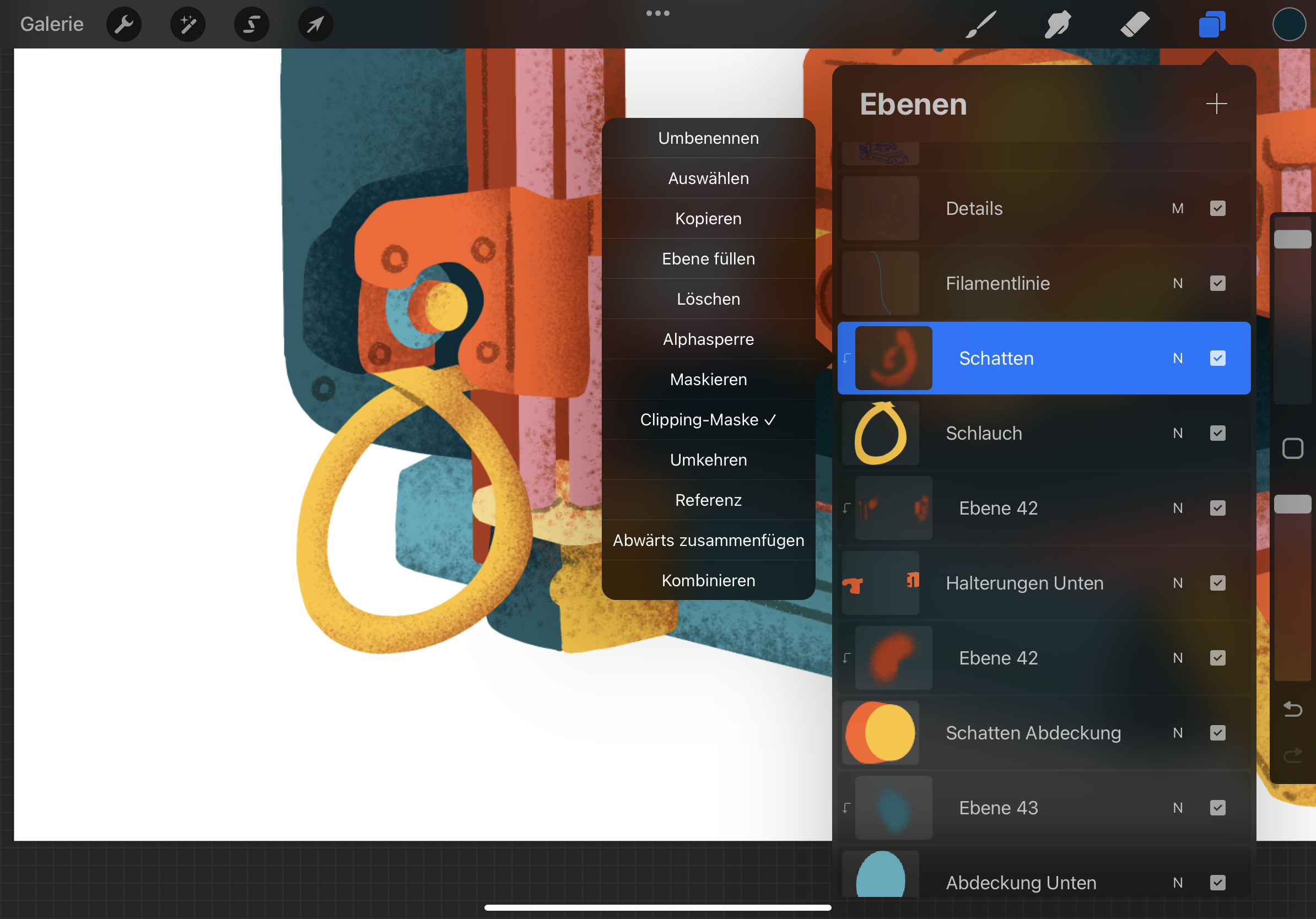 Screenshot von Procreate mit ausgewählter Ebene "Schatten" und dem dazu geöffneten Kontextmenü und einem Häkchen bei "Clipping-Maske".