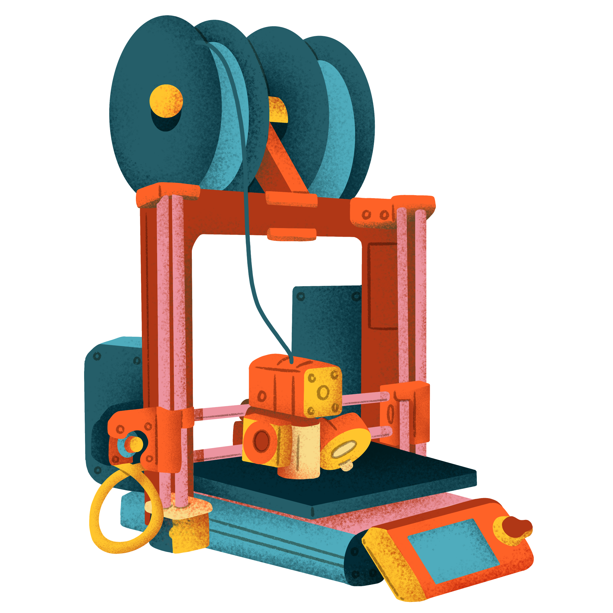 Illustration eines 3D-Druckers mit ersten Schattierungen.