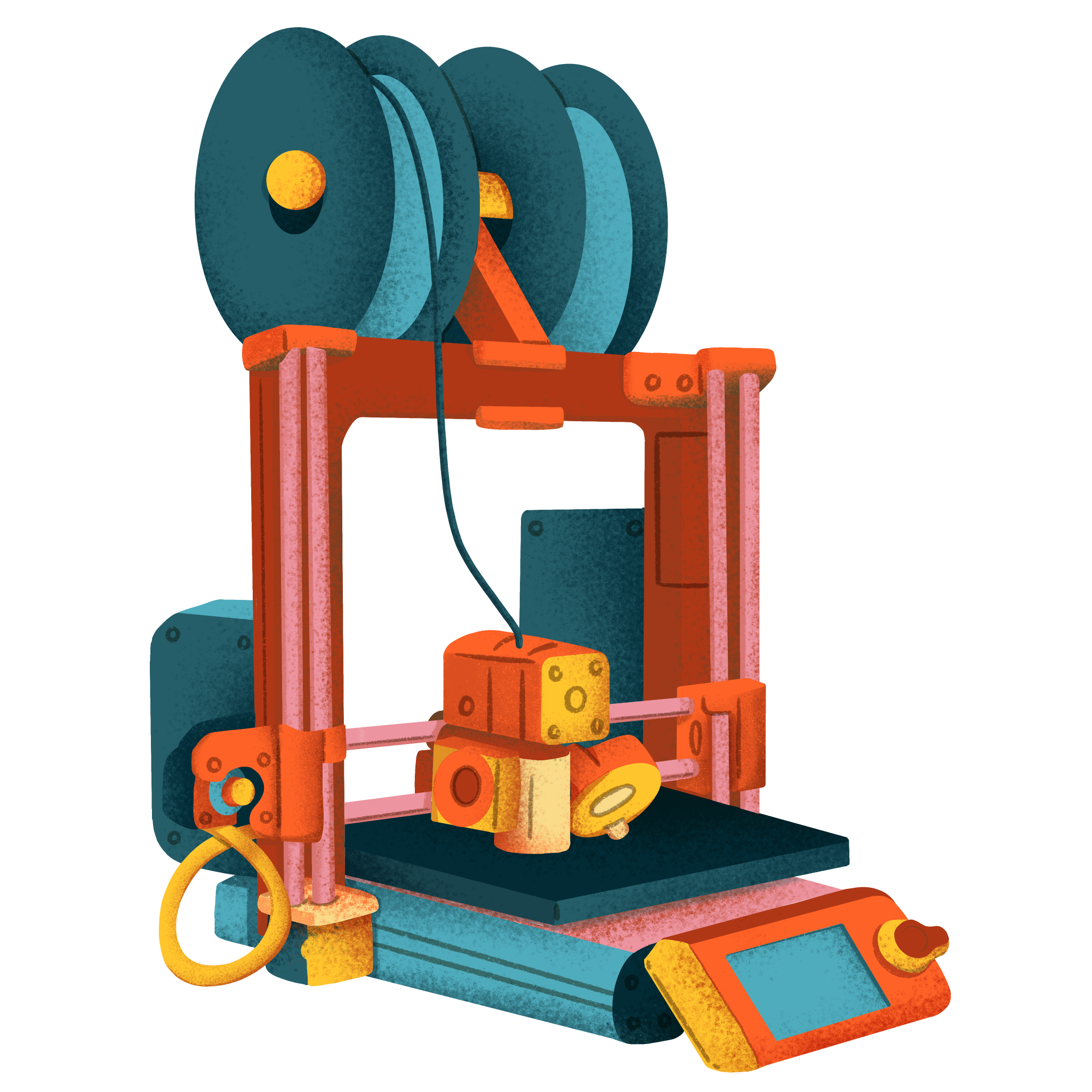 Illustration eines 3D-Druckers mit finalisierten Schattierungen.