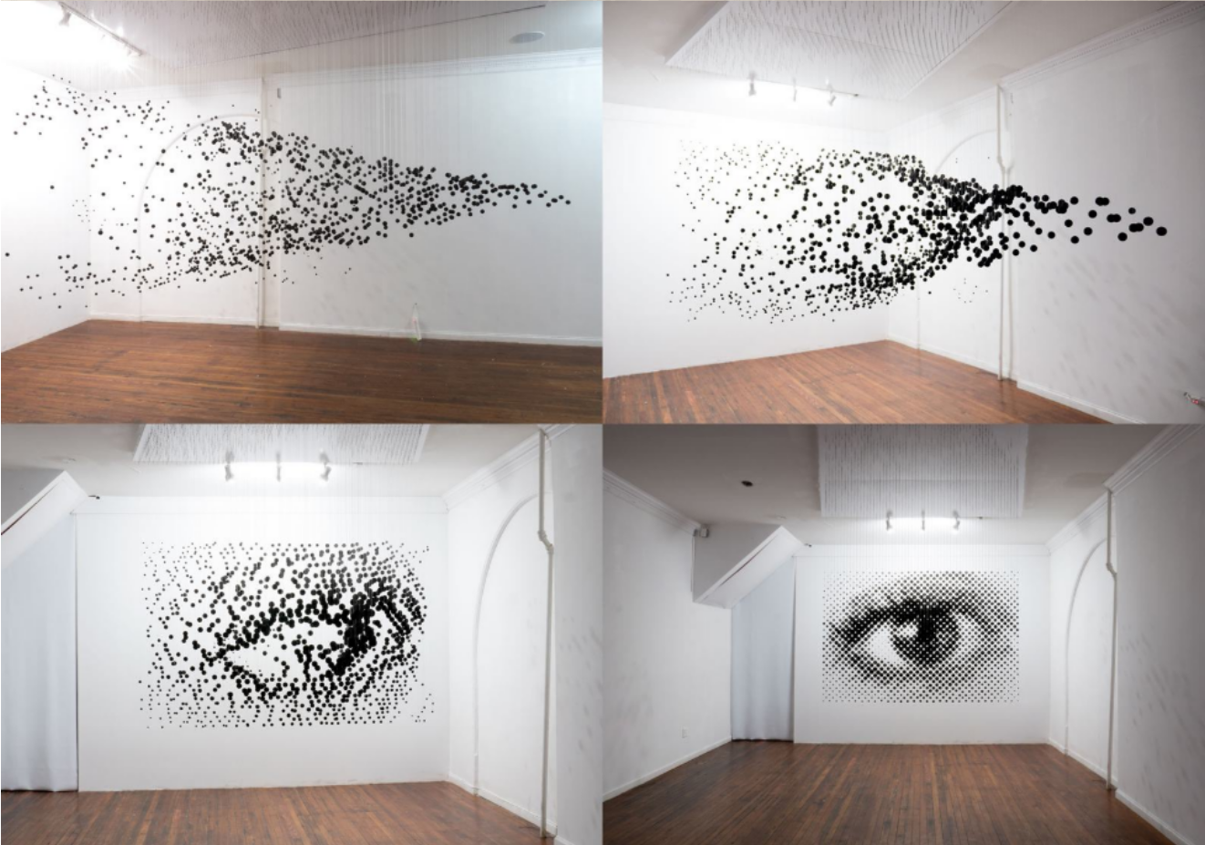 A photo of one of Michael Murphy's Perceptual Shift art installations. Thousands of small wooden spheres are suspended from the ceiling at different heights. From a specific perspective, a human eye ist formed by the spheres.