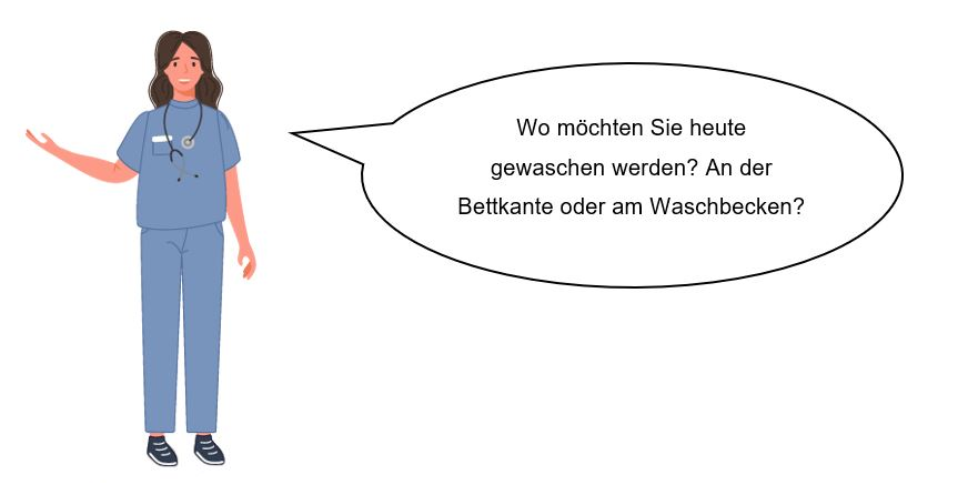 Krankenschwester mit Sprechblase: Wo möchten Sie heute gewaschen werden? An der Bettkante oder am Waschbecken?