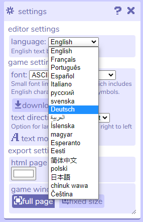 Settings-Menü Bitsy; Sprachauswahl